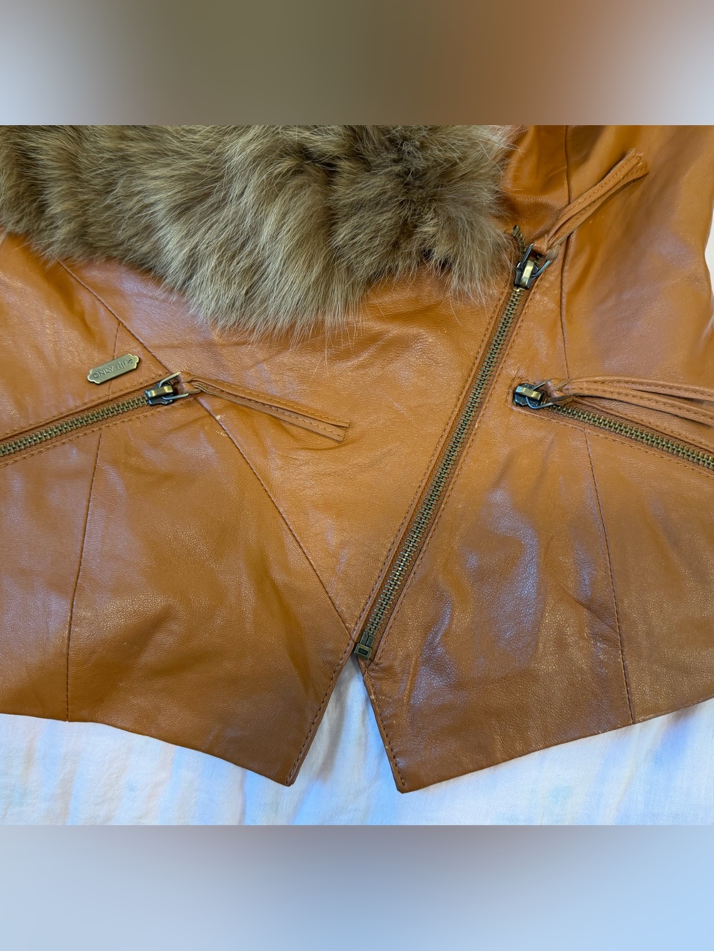 Vintage ONLY Real Fox Fur Collar Lamb Leather Jacket Y2K Moto XS/S - Picture 9 of 13